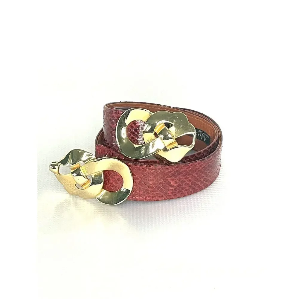 Adjustable Vintage ALEXIS KIRK 80s Red Reptile Gold Love Knot Buckle Belt Signed